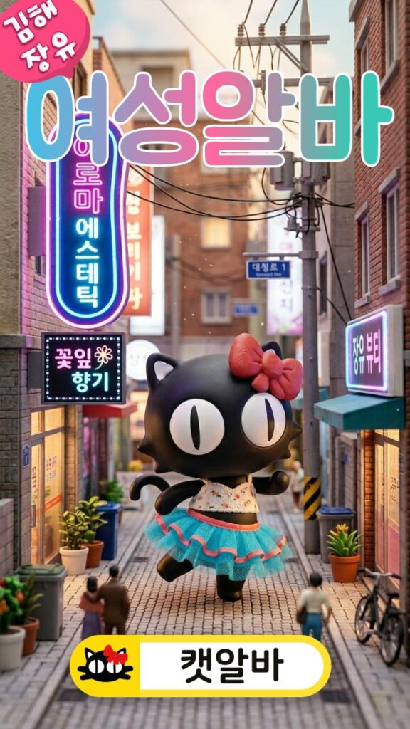 경남 김해시 대청동 장유신도시 중심가 마사지 테라피 전문 매장 미니어처 배경 무대에서 파격적이고 여성스러운 힙 캐주얼 치마를 입고 춤추는 캣알바 캐릭터